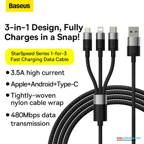 Baseus StarSpeed 1-for-3 Fast Charging Data Cable USB to M+L+C 3.5A 1.2m Black (6M)